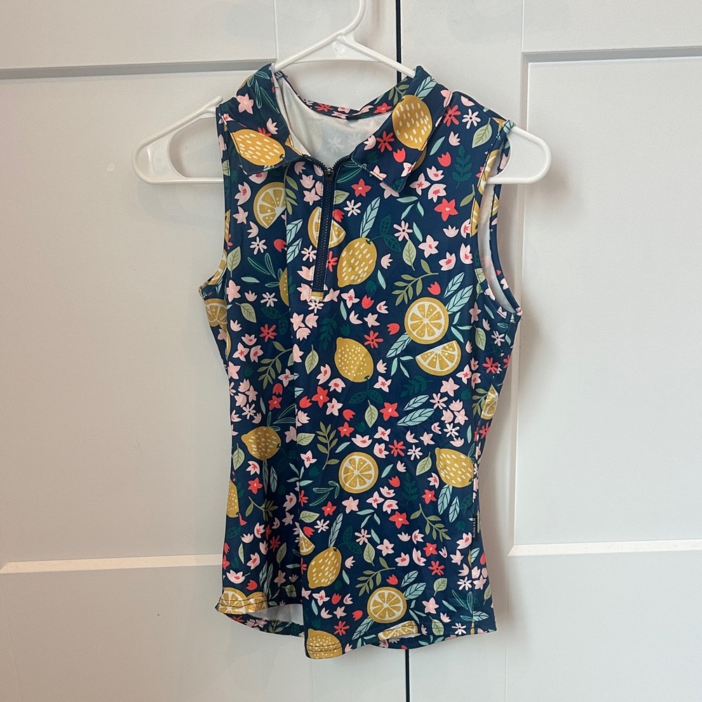 Floral Print Short Sleeve Golf Top - Navy and Yellow